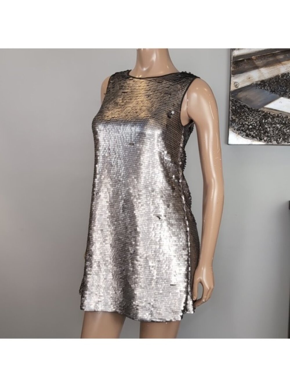 Zara Metallic Silver Sequin Mini Dress Womens Size Medium Sleeveless Shift Party - Picture 5 of 14